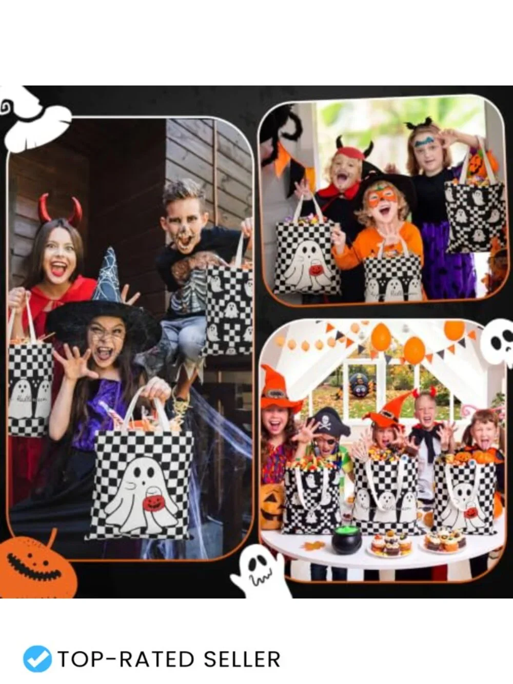 Set of 3 Halloween Checkerboard Ghost Tote Bags Canvas Trick or Treat Candy